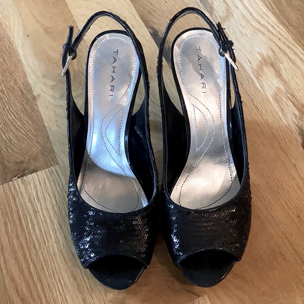 Tahari black sequin strap peek-a-boo toe. Size 7.5